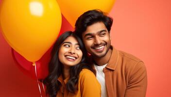 AI generated South asian boy and girl with balloons photo