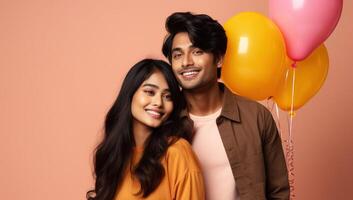 AI generated South asian boy and girl with balloons photo