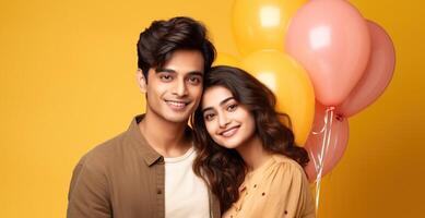 AI generated South asian boy and girl with balloons photo