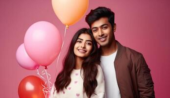 AI generated South asian boy and girl with balloons photo