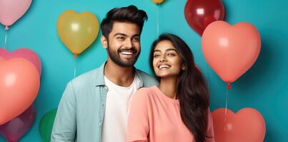 AI generated South asian boy and girl with balloons photo