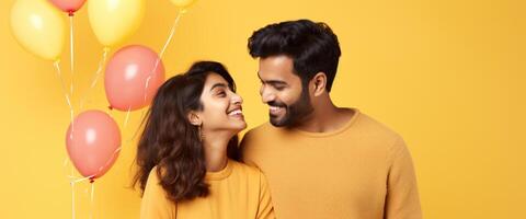 AI generated South asian boy and girl with balloons photo