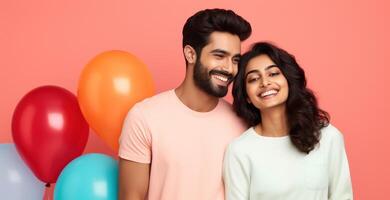 AI generated South asian boy and girl with balloons photo