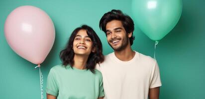 AI generated South asian boy and girl with balloons photo