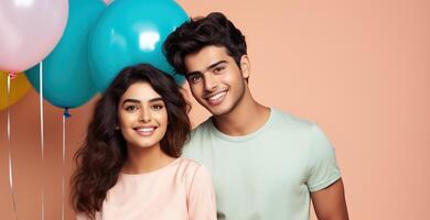 AI generated South asian boy and girl with balloons photo