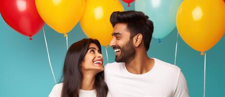 AI generated South asian boy and girl with balloons photo