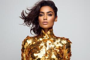 AI generated South Asian Girl in Golden Clothes photo