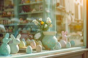 ai generado tienda ventana lleno con un formación de Pascua de Resurrección decoraciones generativo ai foto