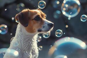 AI generated Dog with soap bubbles in summer outdoor. Generative AI photo