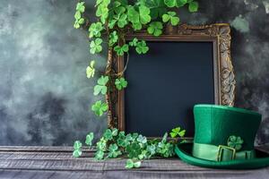 AI generated St. Patrick's Day background with leprechaun hat and clover leaves. Generative AI photo