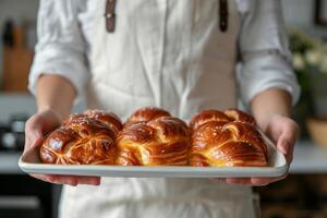 AI generated Baker presents a tray of hot fresh buns. Generative AI photo