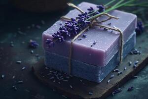 ai generado natural jabón con lavanda extracto. hecho a mano jabón con lavanda flores generativo ai foto