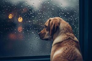 AI generated Dog waiting near the window for its owner in a rainy day. Generative AI photo