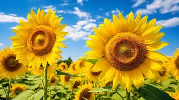 AI generated vibrant yellow sunflower blossoms in a green meadow under photo