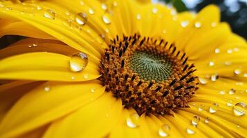 ai generado vibrante amarillo girasol pétalo en cerca arriba mojado con Rocío foto