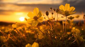 AI generated vibrant yellow wildflower in meadow backlit by sunset sun photo