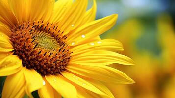 AI generated vibrant yellow sunflower in meadow close up of petal photo