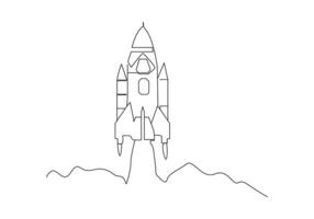 Rocket in Continuous one line drawing. Rocket space ship launch line art vector illustration