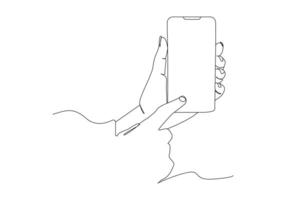 Smartphone phone in hand Continuous one line drawing. Vector illustration minimalism design smart mobile technology theme.