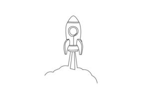 Rocket in Continuous one line drawing. Rocket space ship launch line art vector illustration