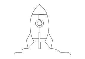 Rocket in Continuous one line drawing. Rocket space ship launch line art vector illustration