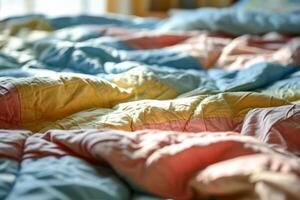 AI generated Colorful pastel colored quilted blanket on a bed. Generative AI photo