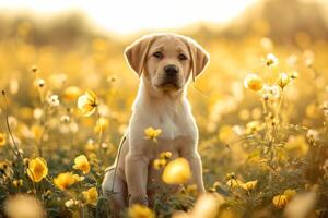 AI generated Cute puppy sitting in summer flower field. Generative AI photo