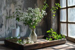 AI generated Home interior spring decor. Wooden tray, vase with fresh flowers and greenery. Generative AI photo