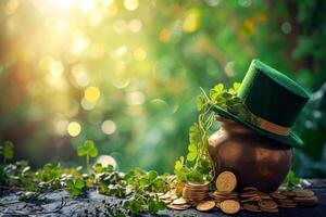 AI generated St. Patrick's Day background with leprechaun hat, pot of gold coins and clover leaves. Generative AI photo