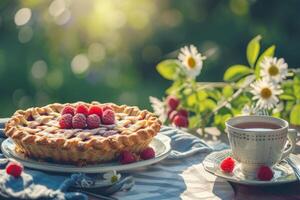 ai generado hecho en casa frambuesa tarta con Fresco frambuesas y mermelada. generativo ai foto