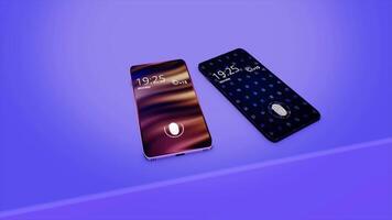 Two abstract modern smart phones with the biometric protection - place to apply finger and to scan fingerprint for verifying identity. Animation. Two black devices lying on purple background. video