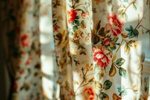 AI generated Floral patterned curtain on sunny light background . Generative AI photo