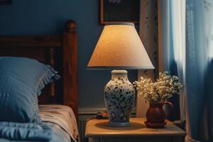 AI generated Bedside table with lamp and flowers in the bedroom. Generative AI photo