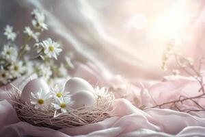 AI generated Pastel colored Easter eggs and flowers on sunny light background. Moody atmospheric image. Generative AI photo