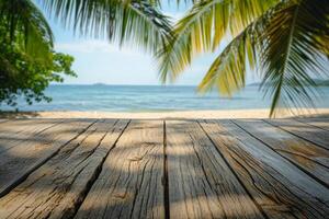 AI generated Empty wooden table with tropical beach theme in background. Generative AI photo