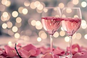 AI generated Two glasses of vine with pink rose petals on bokeh background. Generative AI photo