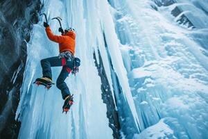 AI generated Athletic male free solo ice climbing. Man with ice climbing equipment. Generative AI photo