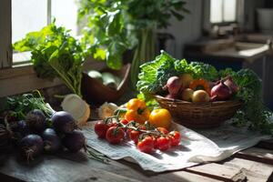 AI generated Organic food background. Fresh farmers market produce on a kitchen table. Generative AI photo