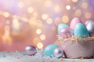 AI generated Banner with easter decorations in pastel colors. Easter basket and eggs, sparkling bokeh. Generative AI photo