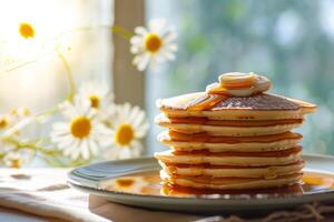 AI generated Homemade stack classic pancakes with maple syrup. Generative AI photo