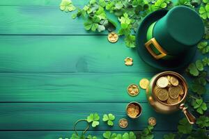AI generated St. Patrick's Day background with leprechaun hat, pot of gold coins and clover leaves. Generative AI photo