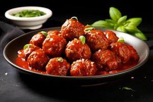 AI generated Plate of tasty meatballs with tomato sauce. Generative AI photo