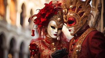 ai generado carnaval festival en Venecia Pareja de barroco mascaras foto