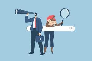 Search for information online, Search engine optimization, Surfing the internet with search engine, Business man and woman with magnifying glass searching for information in website bar. vector