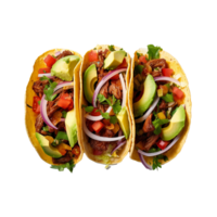 ai gegenereerd taco's met rundvlees tomaten avocado chili en uien geïsoleerd Aan transparant achtergrond png