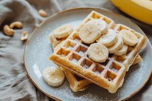 AI generated Waffles with banana and nuts. Generative AI photo