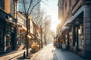 ai generado ciudad calle forrado con tiendas paisaje de el compras distrito. generativo ai foto