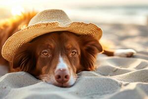 AI generated Dog in a straw hat resting on the beach. Generative AI photo