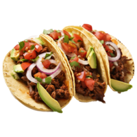 ai généré tacos avec du boeuf tomates Avocat Chili et oignons isolé sur transparent Contexte png