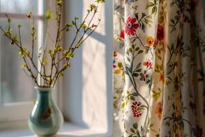 AI generated Floral patterned curtain and vase. Flowers in vase with light from window. Generative AI photo